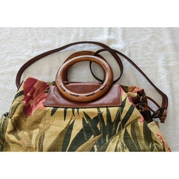 Fossil flower canvas/leather with wooden handle handbag - Picture 7 of 13